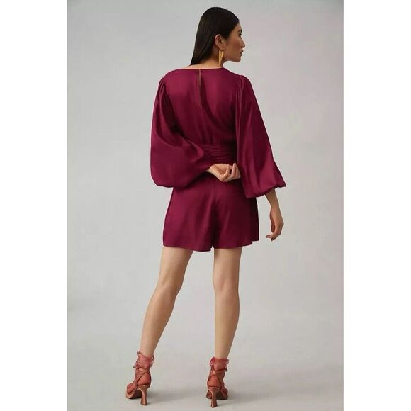 Farm Rio X Anthropologie Bell-Sleeve Romper Sz XXS Plum/Prune Bead Tie Fall Boho - Picture 3 of 12